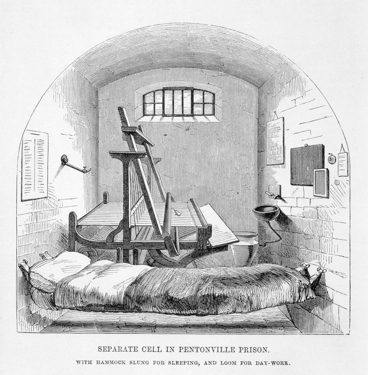 Cellule individuelle à la prison de Pentonville, extrait de The Criminal Prisons of London and Scenes of Prison Life par Henry Mayhew et John Binny, 1862 - English School