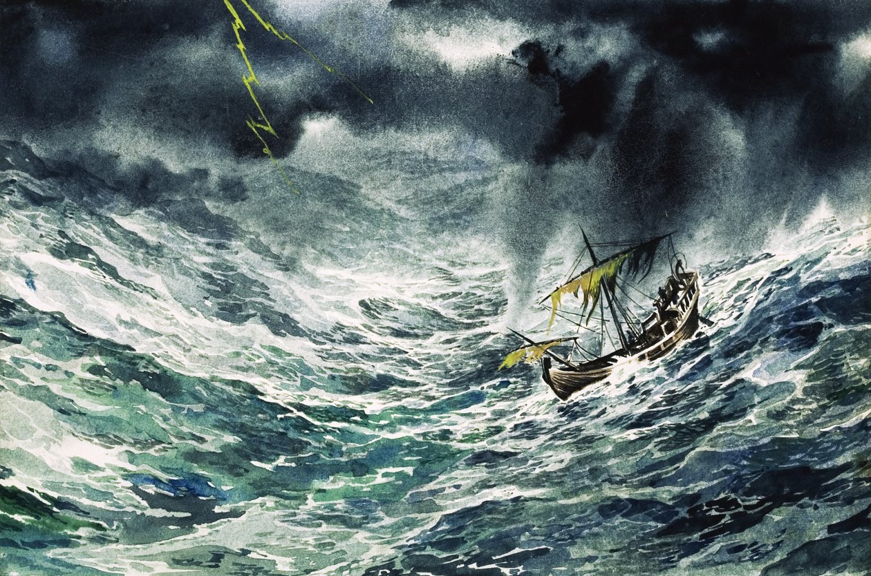 Bateau dans la tempête (gouache sur papier) - English School