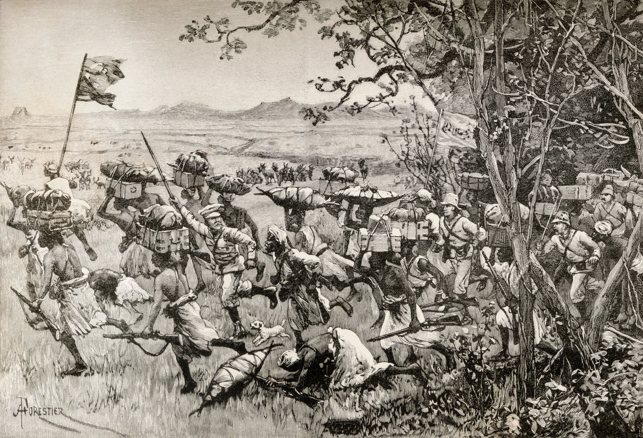 Sir Henry Morton Stanley et ses hommes sortant enfin de la forêt pour atteindre la prairie en 1887, lors de leur expédition de secours d