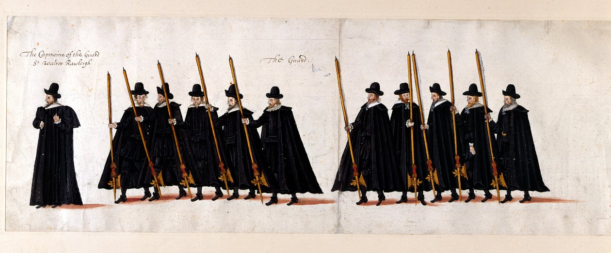 Sir Walter Raleigh, capitaine de la garde, et la garde. Partie du cortège funèbre de la reine Elizabeth I à l