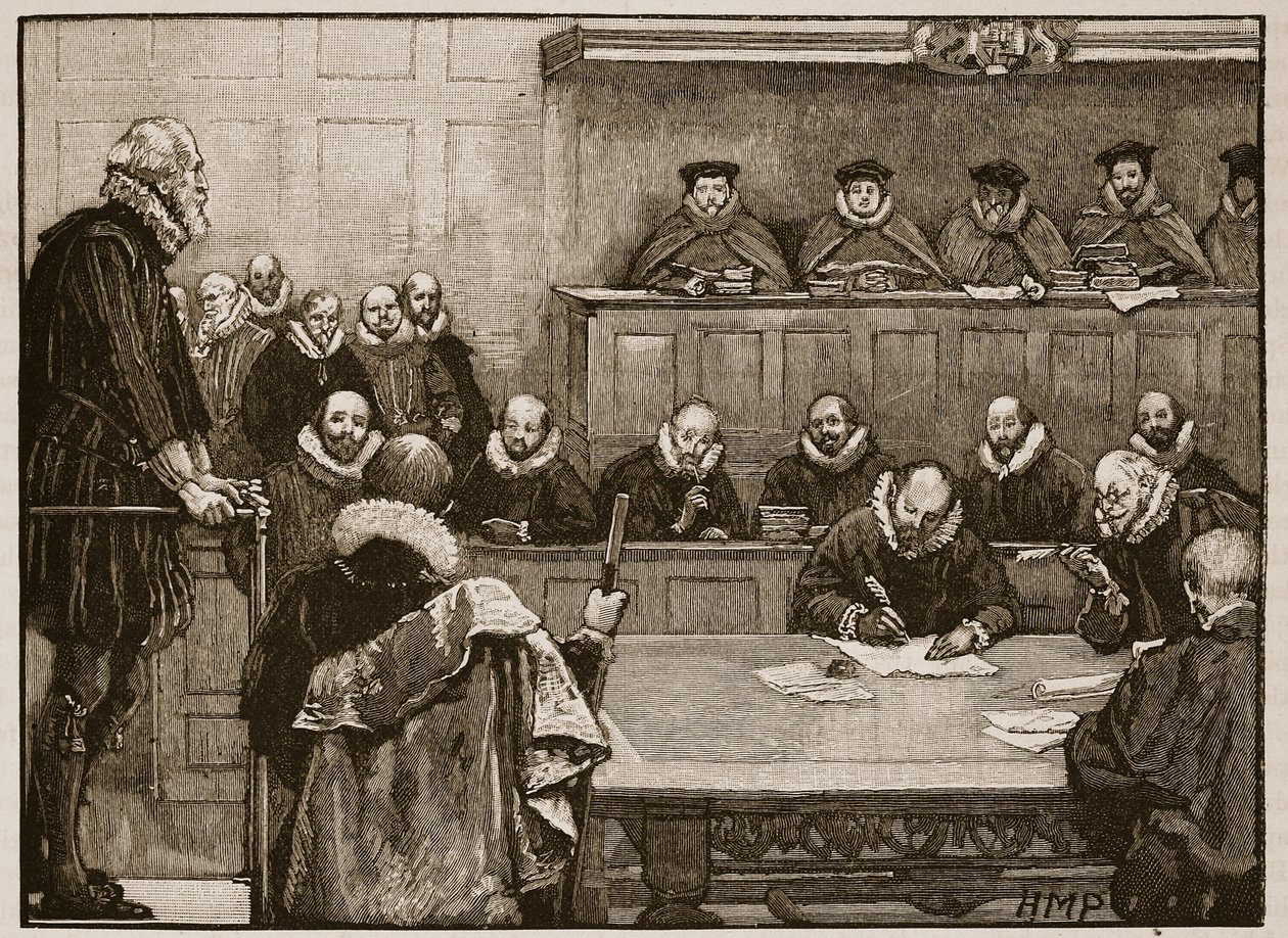 Sir Walter Raleigh devant les juges, illustration de Cassells Illustrated History of England - English School