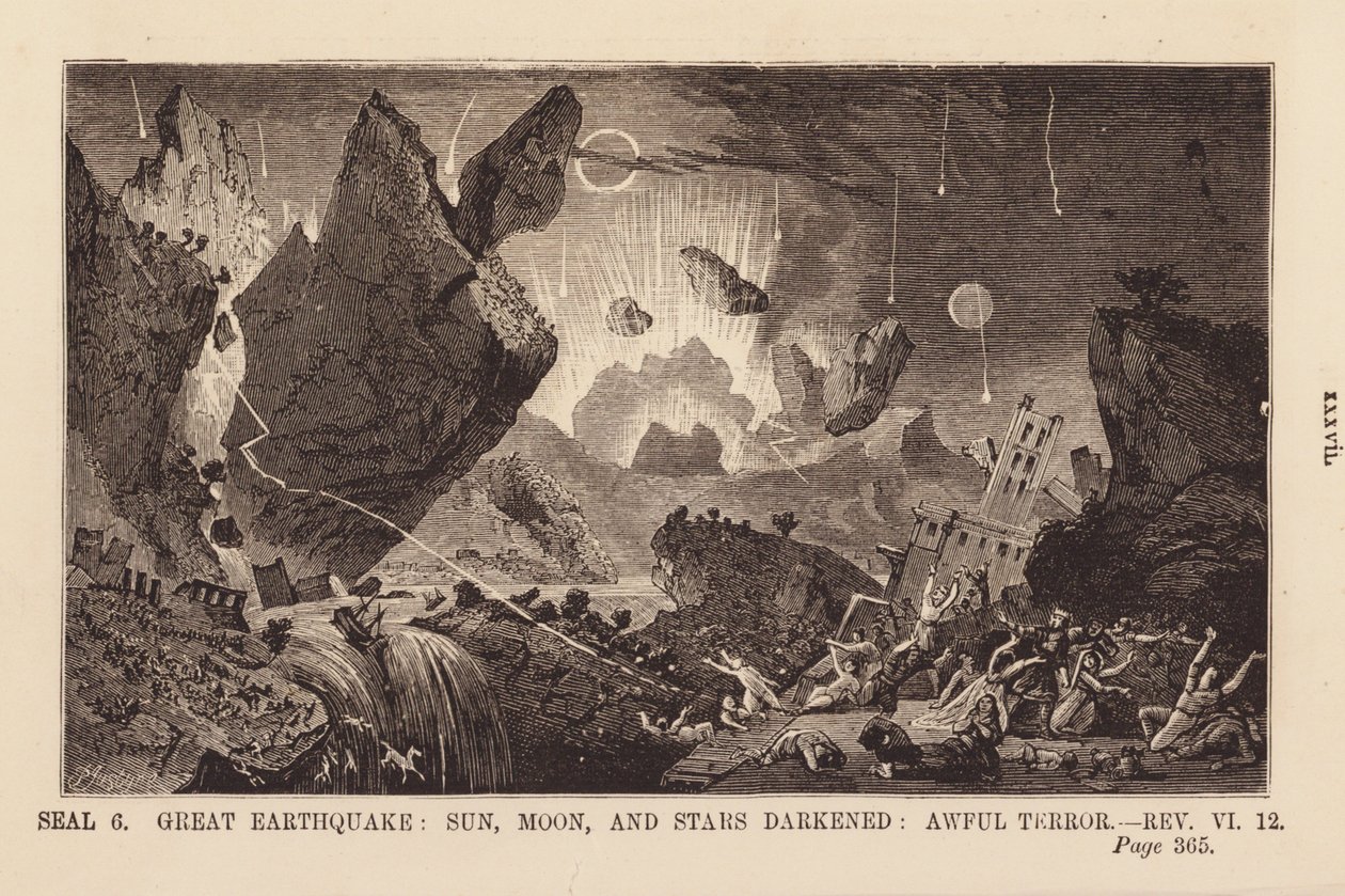 Sixième sceau, grand tremblement de terre, soleil, lune et étoiles obscurcis (gravure) - English School