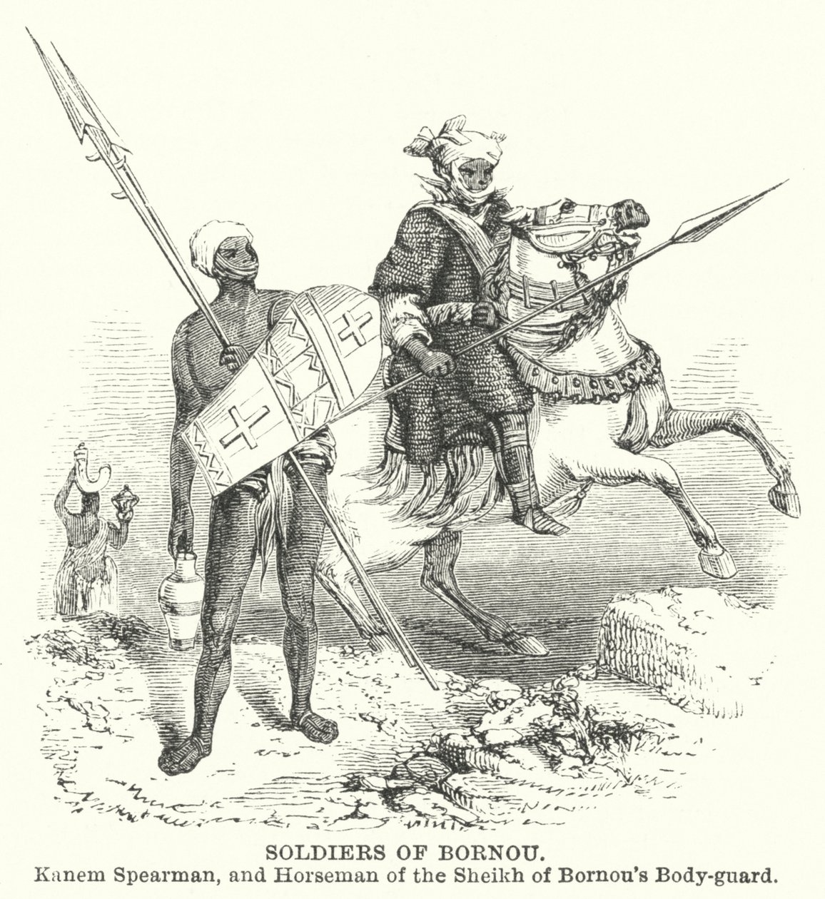 Soldats du Bornou, Kanem Spearman, et cavalier de la garde du corps du Cheikh du Bornou (gravure) - English School
