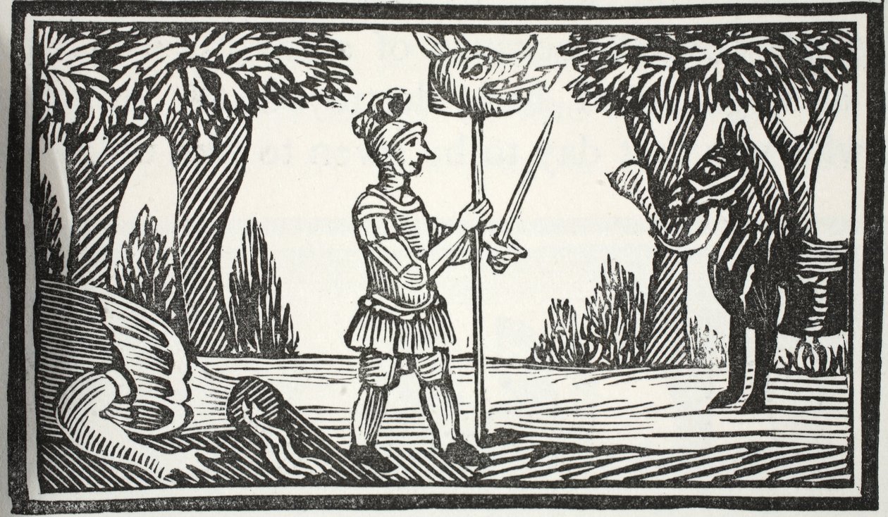 Saint George avec la tête du dragon, illustration de Chap-books du XVIIIe siècle par John Ashton, pub. 1882 - English School