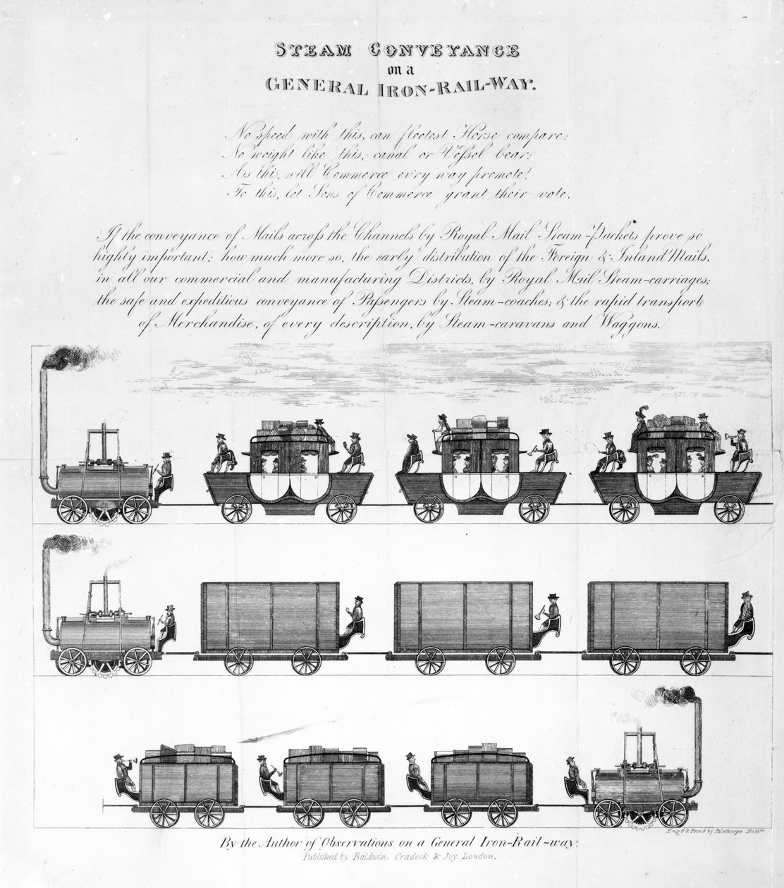 Transport à vapeur sur une voie ferrée générale, 1825 (gravure) - English School
