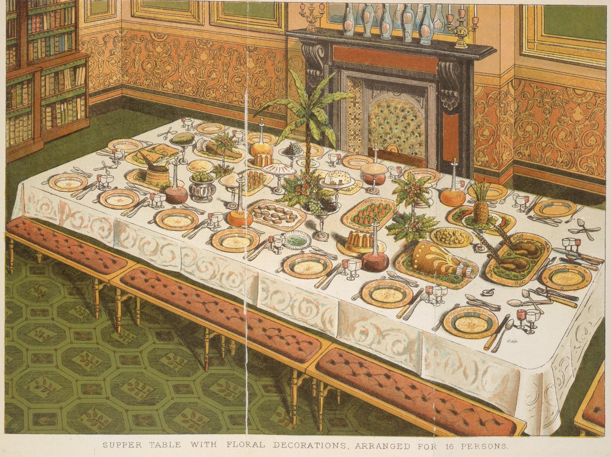 Table de souper avec décorations florales, arrangée pour 16 personnes, de 