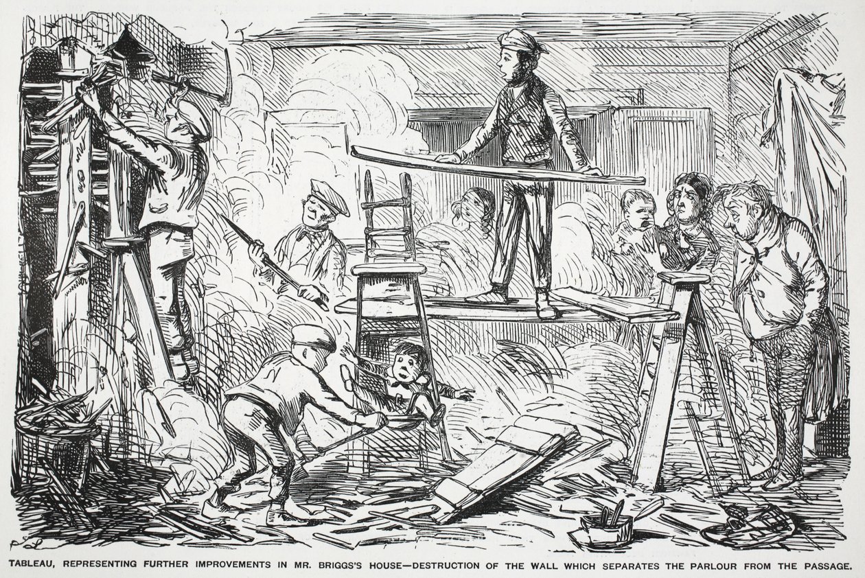 Tableau, représentant de nouvelles améliorations à la maison de M. Briggs - destruction du mur qui sépare le salon du couloir, illustration de Punch - English School