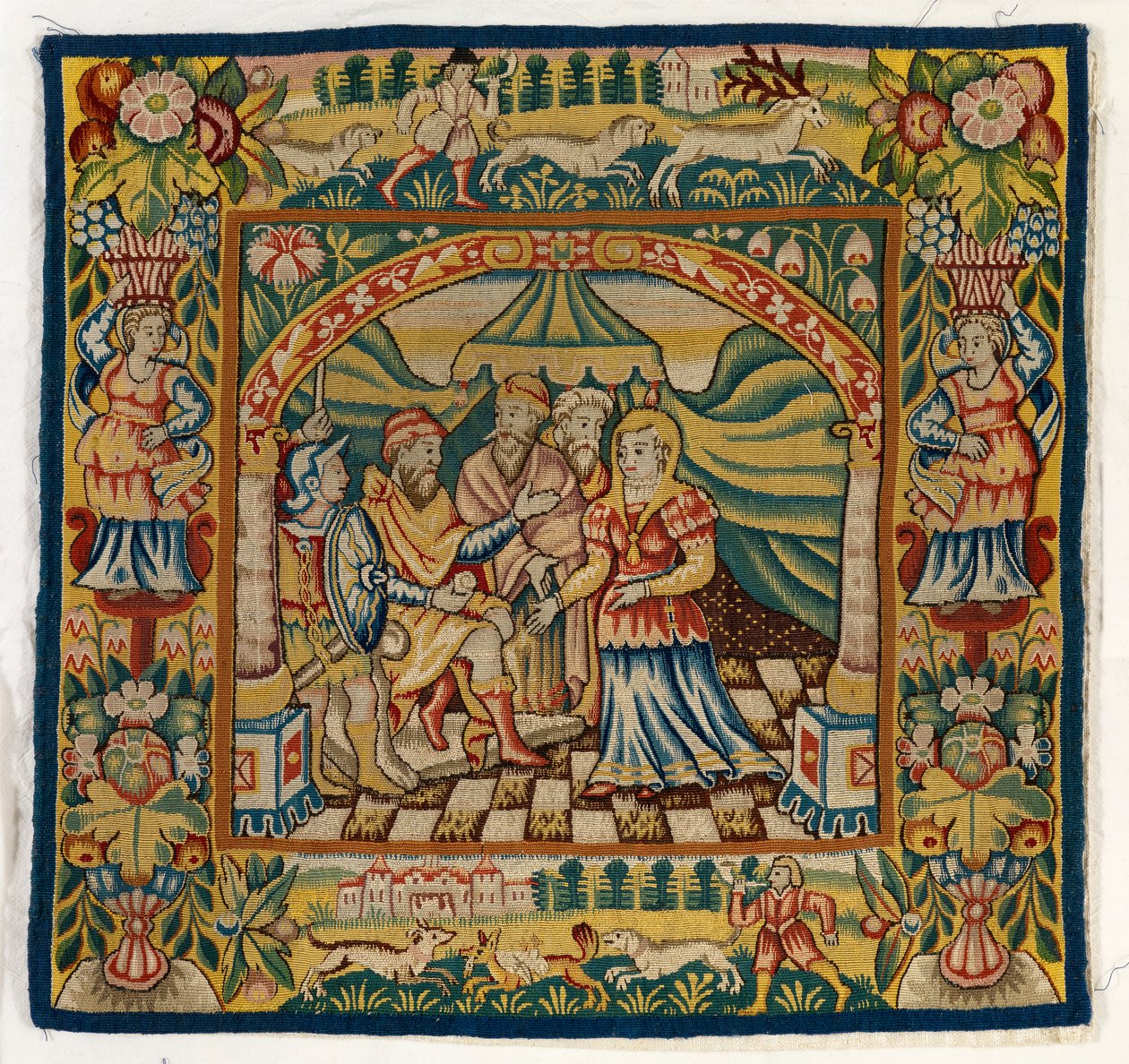 Housse de coussin en tapisserie représentant Suzanne devant le Juge (une des six tapisseries Sheldon, comprenant 47.9 à 47.14), fabriquée à Sheldon, Angleterre, si authentique - English School