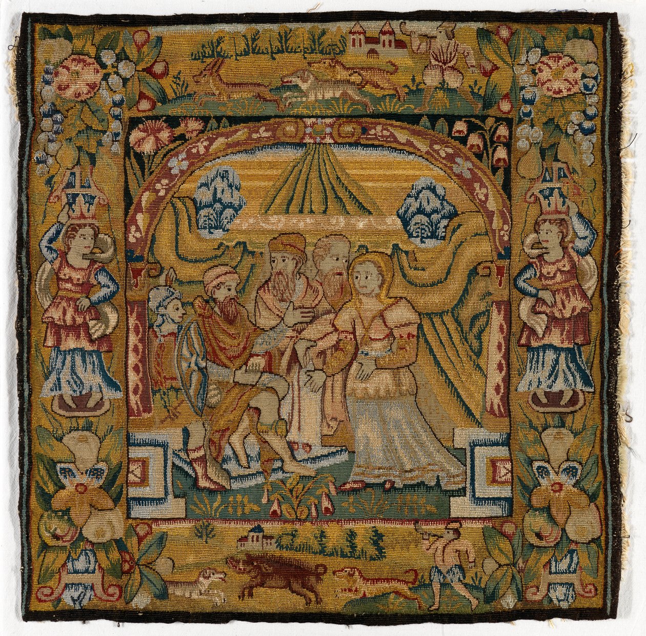 Housse de coussin en tapisserie représentant Suzanne devant le Juge, fabriquée à Sheldon, Angleterre, après 1600 - English School