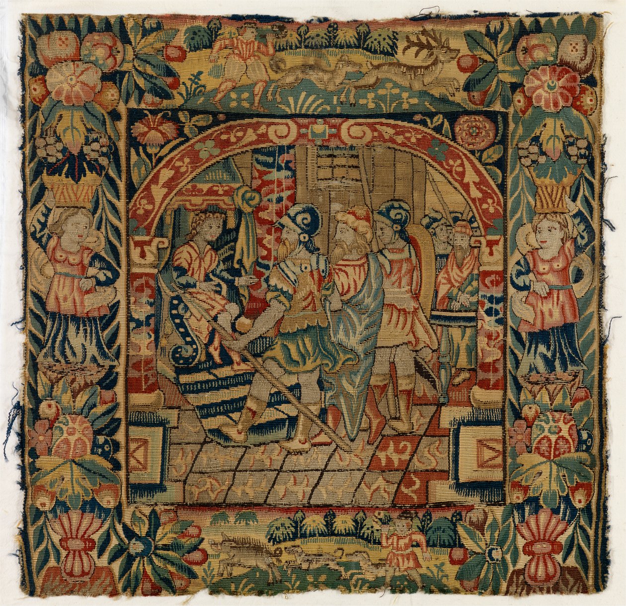 Housse de coussin en tapisserie représentant Les Anciens devant Daniel, fabriquée à Sheldon, Angleterre, après 1600 - English School