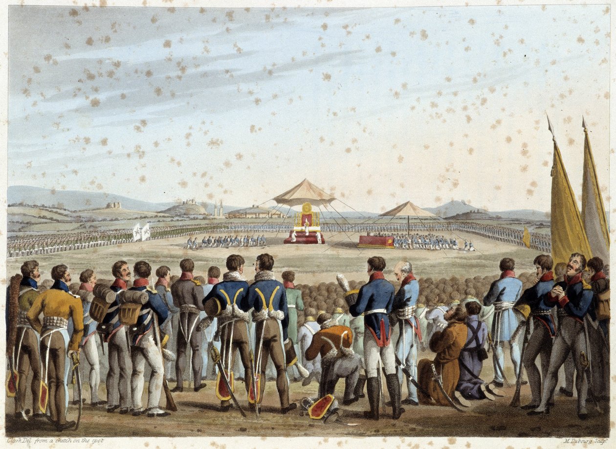Te deum sur le champ de bataille dans « Anecdotes historiques, militaires et navales et incidents arrivés aux armes de la Grande-Bretagne et de leurs alliés, se terminant à Waterloo » par Edward Orme. Ill. par Fry, Sutherland, Clark, Dubourg, W.Heart, JA,  - English School