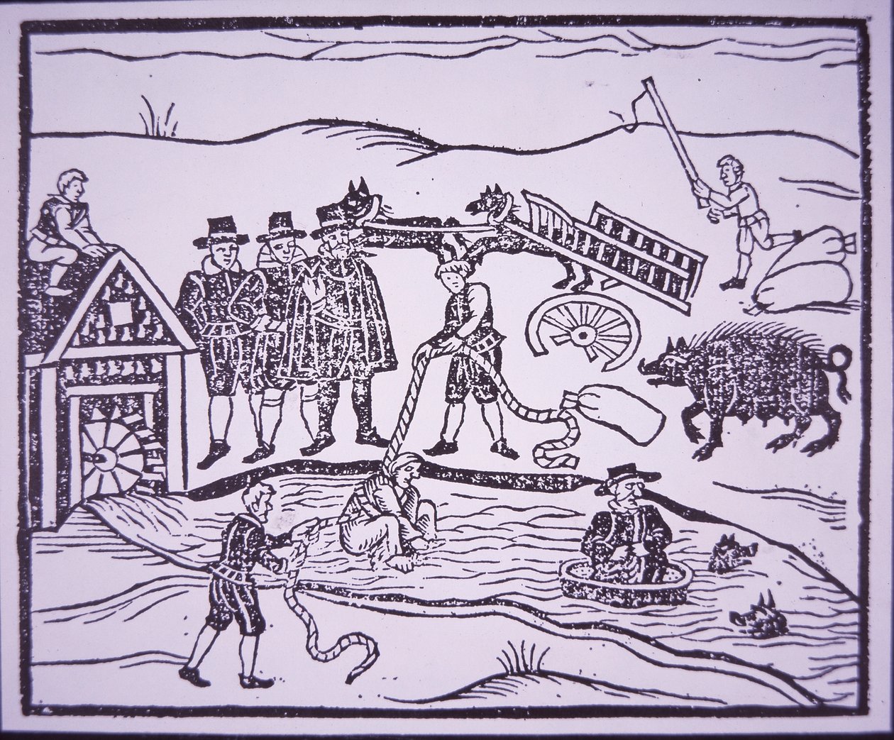 Test des sorcières en les jetant dans une rivière (gravure sur bois) - English School