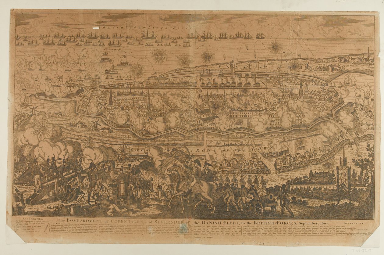 Le bombardement de Copenhague et la reddition de la flotte danoise, septembre 1807, publié par John Fairburn en 1807 - English School