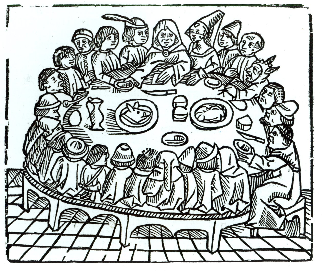 Les pèlerins de Canterbury prenant un repas partagé, illustration des 