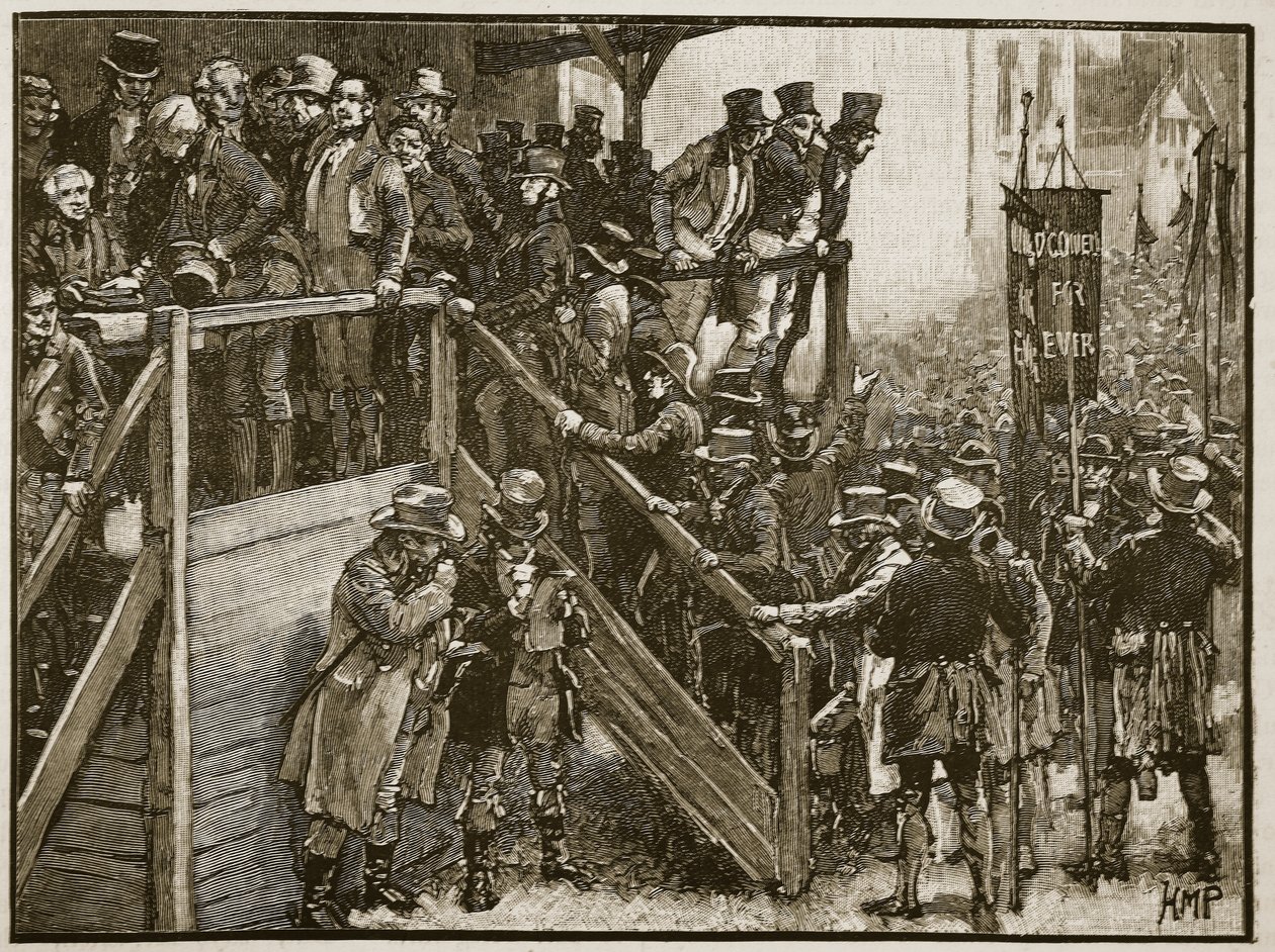 Le concours de Clare : le père Murphy menant ses locataires au scrutin (illustration de Cassells Illustrated History of England) - English School