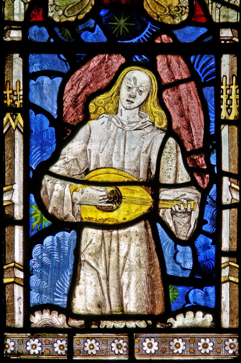 La fenêtre est représentant un ange musicien avec luth - English School