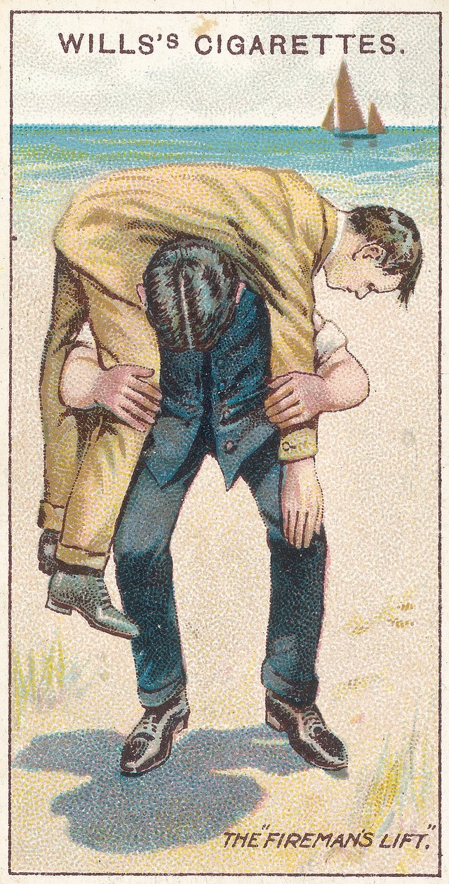 Le Levage du pompier No.1, no.18 de la série Premiers Secours des cartes de cigarettes Willss, 1913 - English School