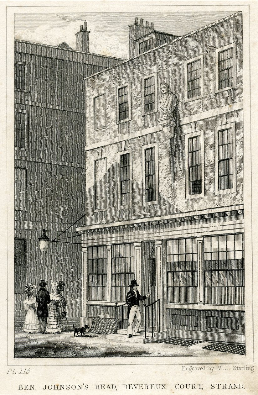 Le Grecian Coffee House, Devereux Court, Strand, avec un buste de Ben Johnson (gravure) - English School