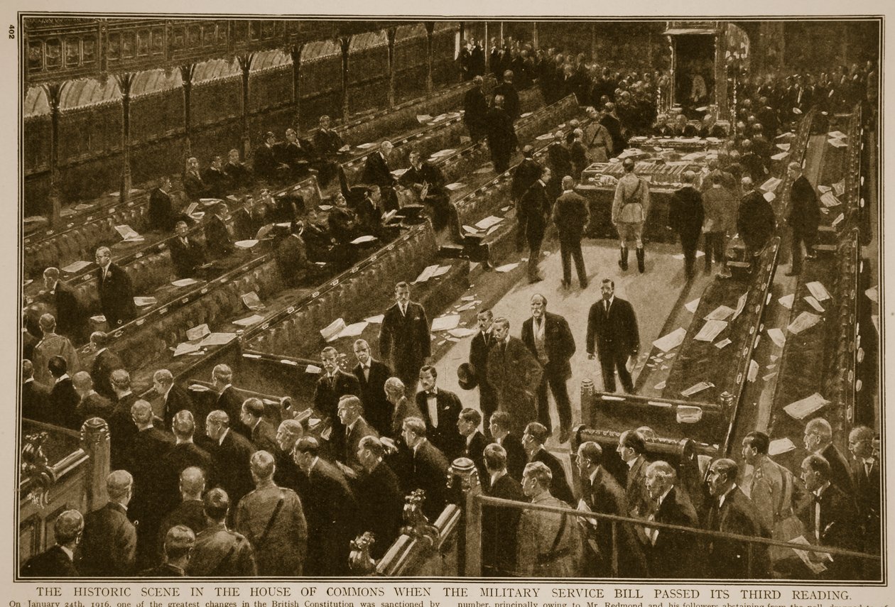 La scène historique à la Chambre des communes lorsque le projet de loi sur le service militaire a passé sa troisième lecture, 1914-19 - English School