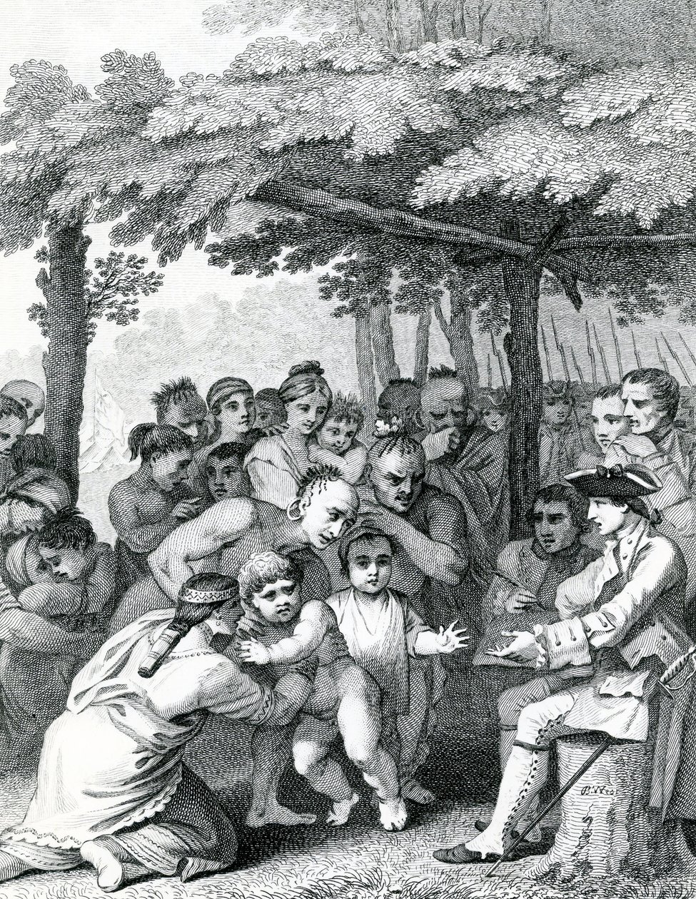 Les Indiens remettant les captifs anglais au colonel Bouquet près de son camp aux Fourches de Muskingham en Amérique du Nord, gravé par Canot, 1764 - English School