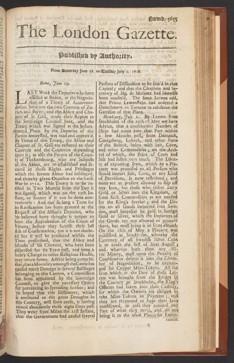 La Gazette de Londres, numéro 5655, page 1, 28 juin 1718 - English School