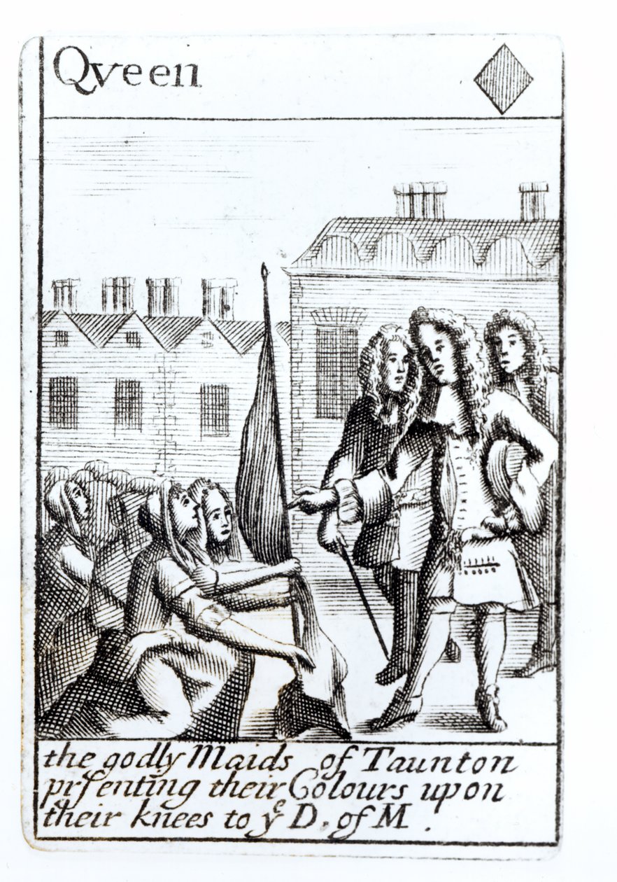 Les servantes de Taunton agenouillées devant le duc de Monmouth, 18 juin 1685, carte à jouer reine de carreau d