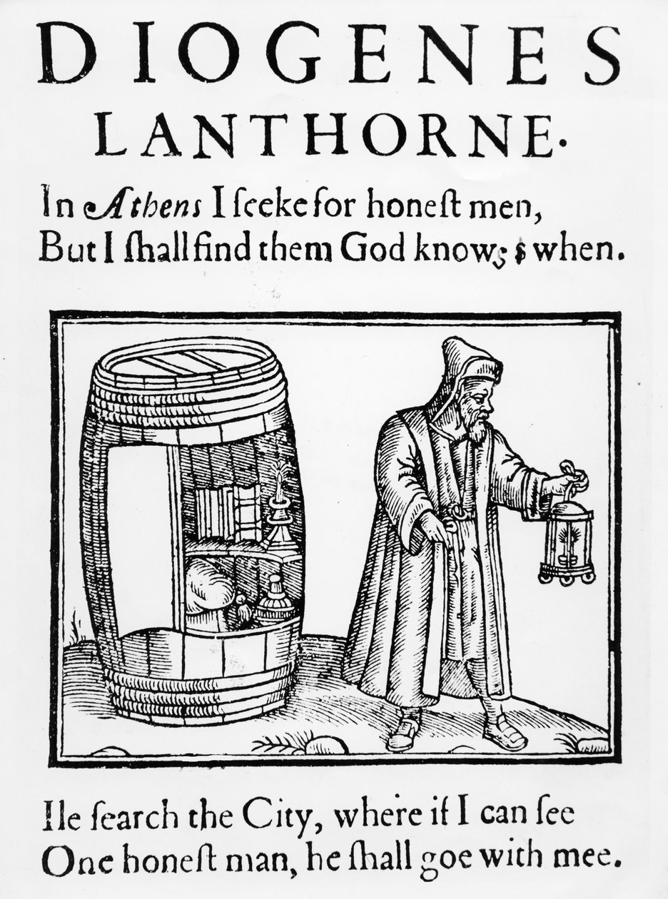 Le philosophe Diogène cherche un homme honnête dans la ville de Londres avec sa lanterne, 1607 - English School