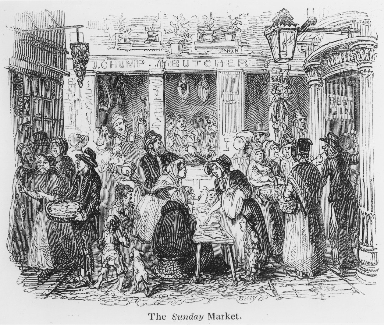 Le marché du dimanche, Londres (gravure) - English School