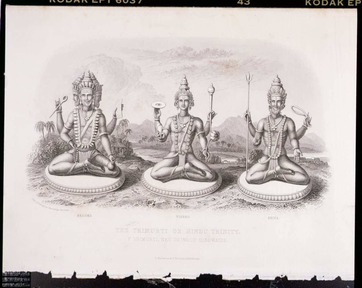 La Trimurti ou Trinité hindoue, gravée par A. Thorn, de Religion mondiale, publiée par A. Fullarton & Co. - English School