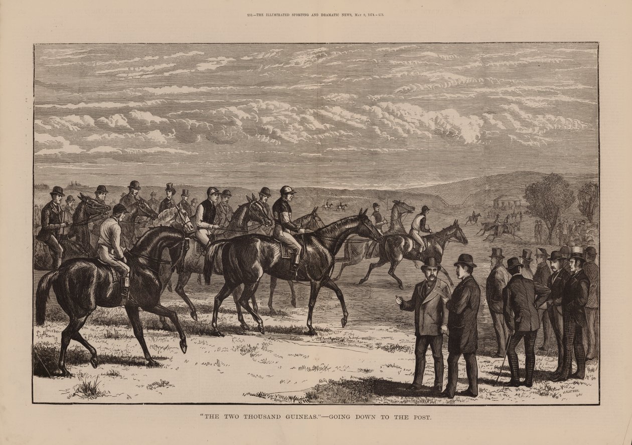 "Les Deux Mille Guinées, descendant au poteau (gravure) - English School