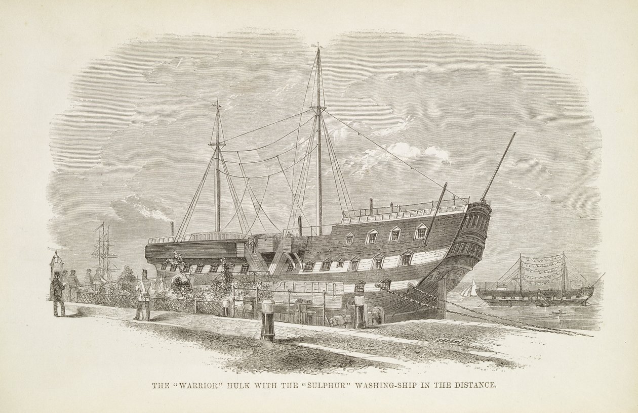 Le Hulk Warrior avec le navire de lavage au soufre au loin, extrait de The Criminal Prisons of London and Scenes of Prison Life par Henry Mayhew et John Binny, 1862 - English School