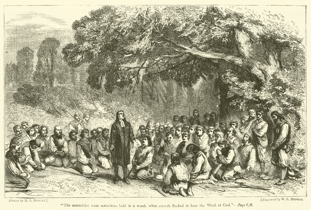 "Les assemblées se tenaient parfois dans un bois, où les foules se pressaient pour écouter la parole de Dieu" (gravure) - English School