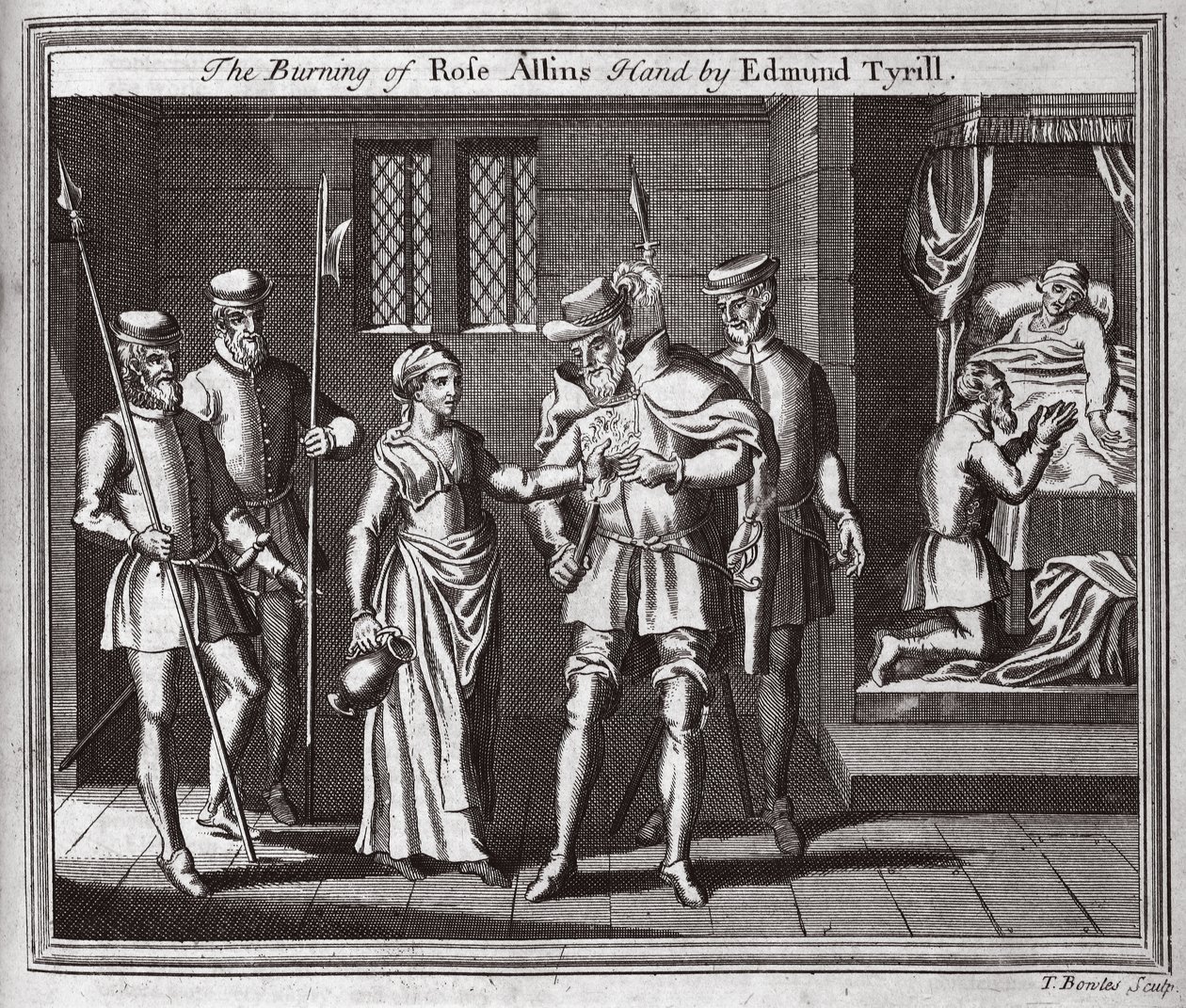 Le brûlage de la main de Rose Allins par Edmund Tyrill, illustration des Martyrs de Foxe vers 1703 - English School