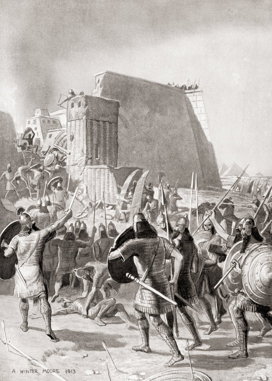 La capture de Memphis, Égypte par le roi assyrien Esarhaddon, 671 av. J.-C. (Histoire des Nations de Hutchinson, pub.1915) - English School