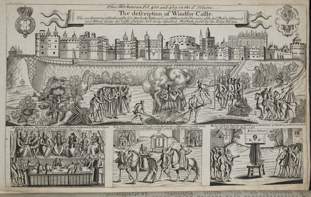 Description du château de Windsor, illustration des Actes et Monuments de John Foxe, neuvième édition, pub. 1684 - English School