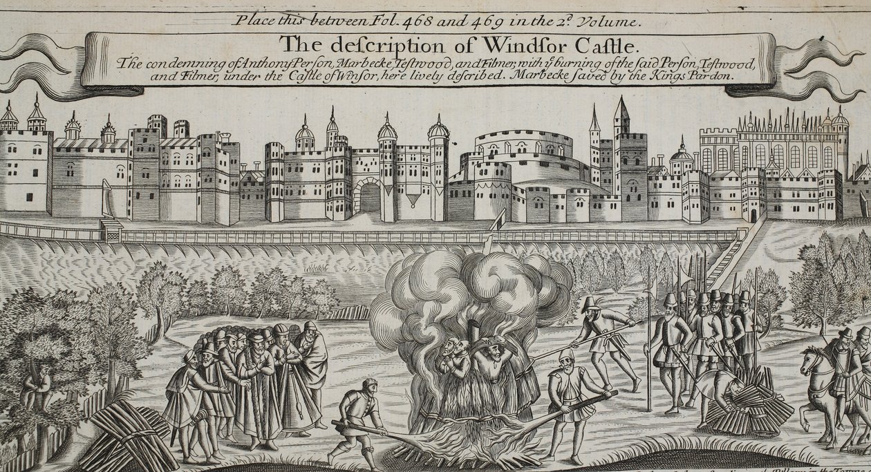 Description du château de Windsor, illustration des Actes et Monuments de John Foxe, neuvième édition, pub. 1684 - English School