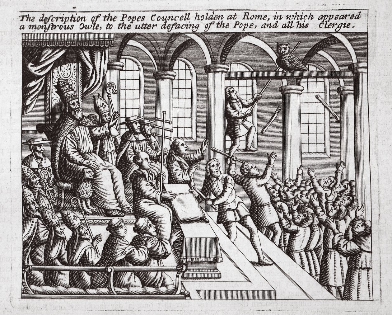 Description du concile des papes tenu à Rome, où apparut un hibou monstrueux, à la défiguration totale du pape et de tout son clergé, illustration des Actes et Monuments de John Foxe, neuvième édition - English School