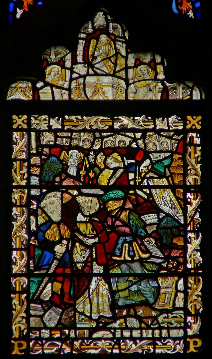 La fenêtre est représentant Saint Jean à Patmos; musiciens anges dans le dais - English School