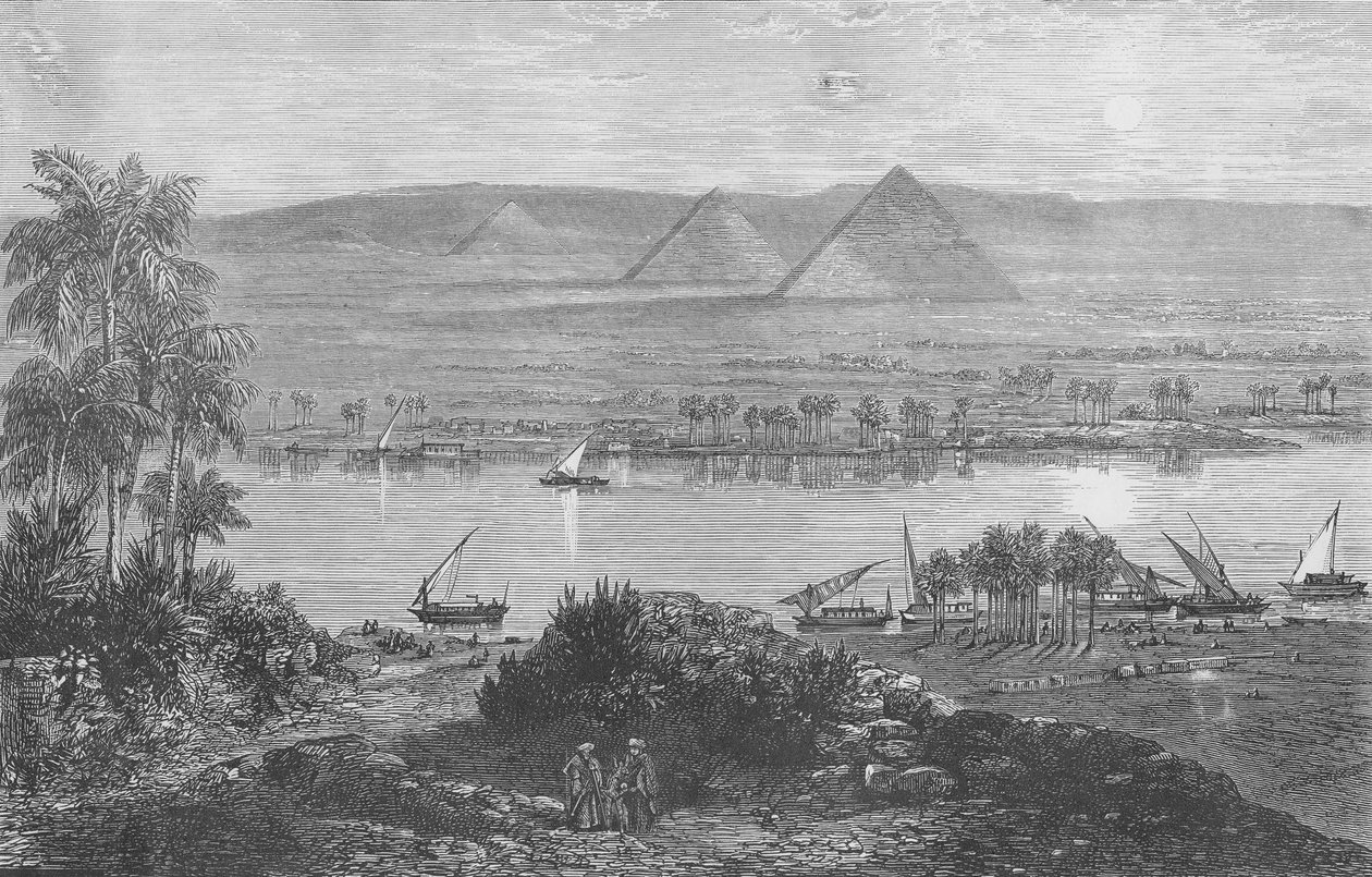 Les pyramides de Gizeh, depuis la rive est du Nil - English School