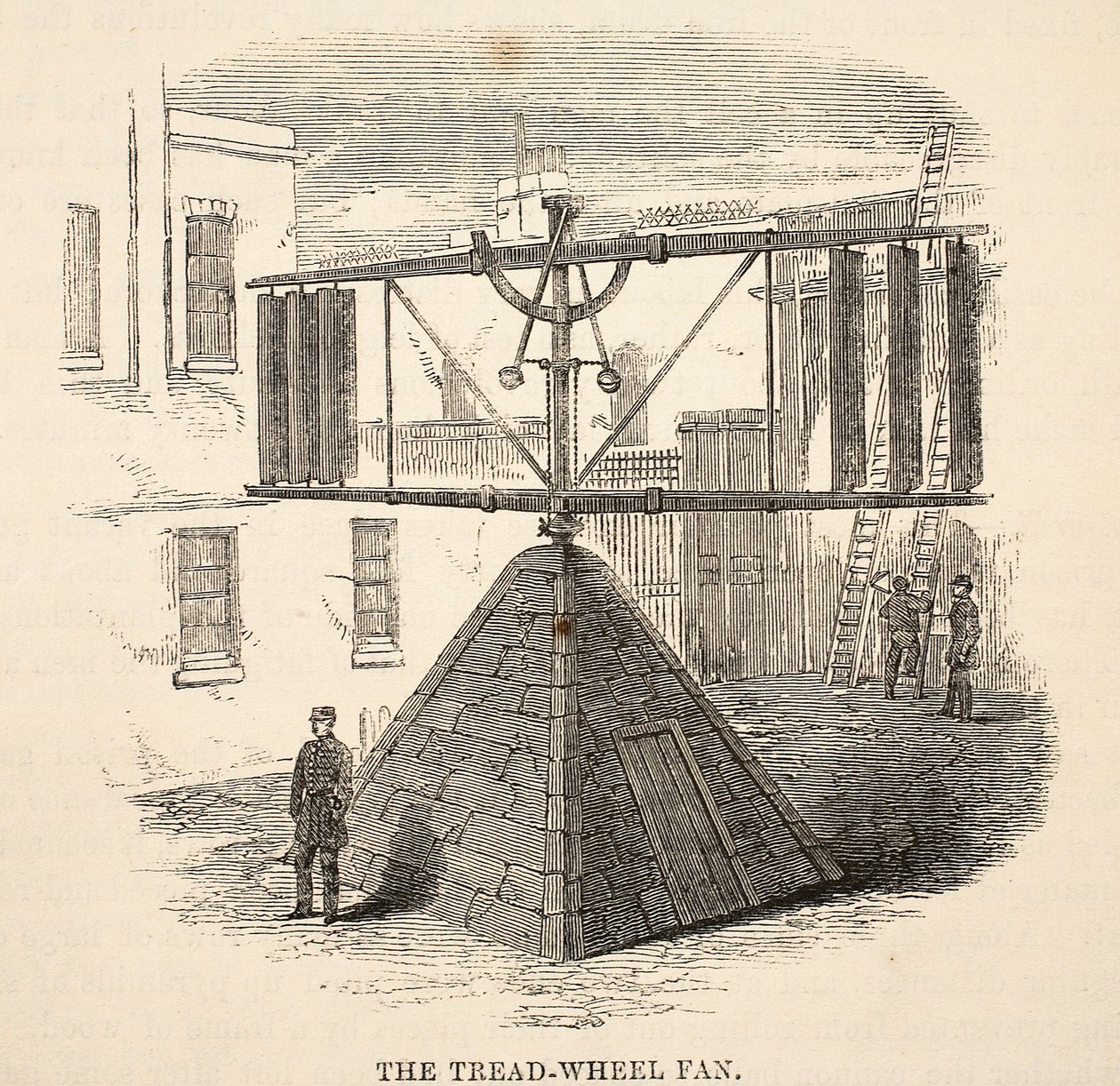 Le ventilateur à roue de marche, illustration de The Criminal Prisons of London and Scenes from Prison Life par Henry Mayhew et John Binny, pub. 1862 - English School