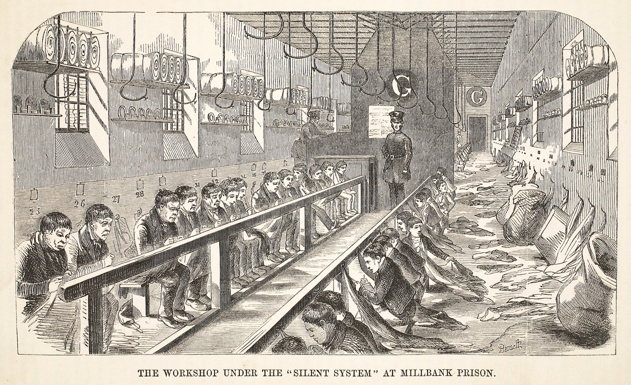 Atelier sous le système silencieux à la prison de Millbank, illustration de The Criminal Prisons of London and Scenes from Prison Life par Henry Mayhew et John Binny, pub. 1862 - English School