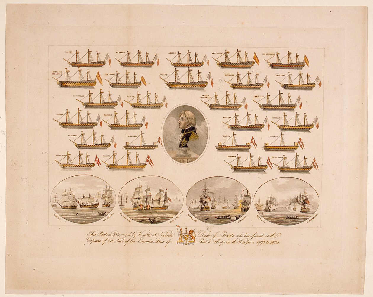 Cette plaque est parrainée par le vicomte Nelson duc de Bronte qui a assisté à la capture de 26 navires de ligne ennemis pendant la guerre de 1793 à 1805 - English School