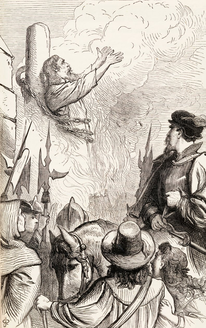 Thomas Hawkes brûlé sur le bûcher pendant les persécutions mariales, vers 1865 - English School