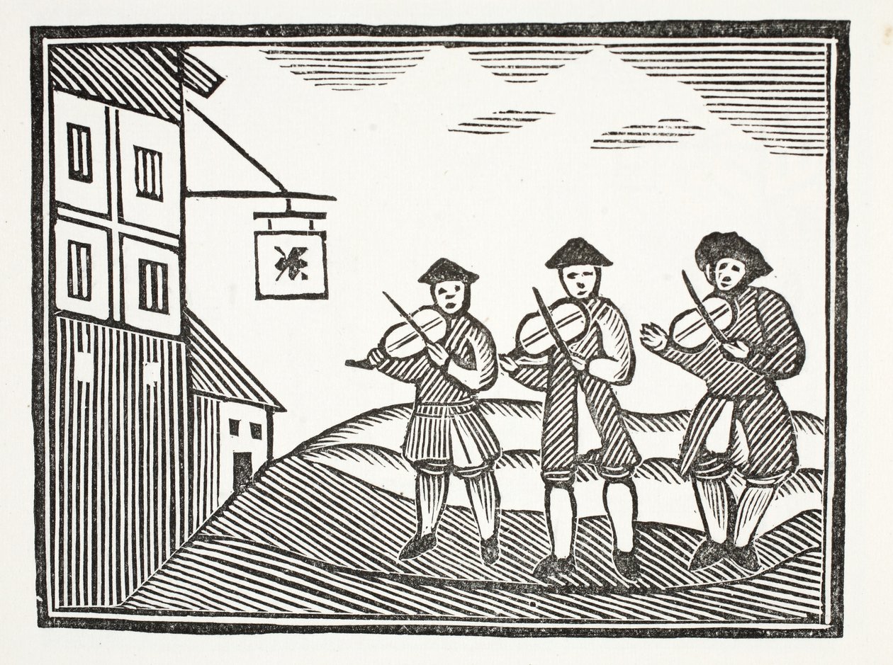 Trois violoneux dans Thames Street, qui ont joué pour un marié le matin, qui ne leur a rien donné à boire, illustration de Chap-books du XVIIIe siècle par John Ashton, pub. 1882 - English School