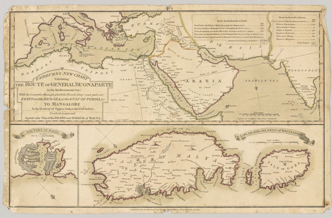 Trois cartes imprimées en couleur : Nouvelle carte de Fairburn montrant la route du général Bonaparte en mer Méditerranée, 1798 - English School