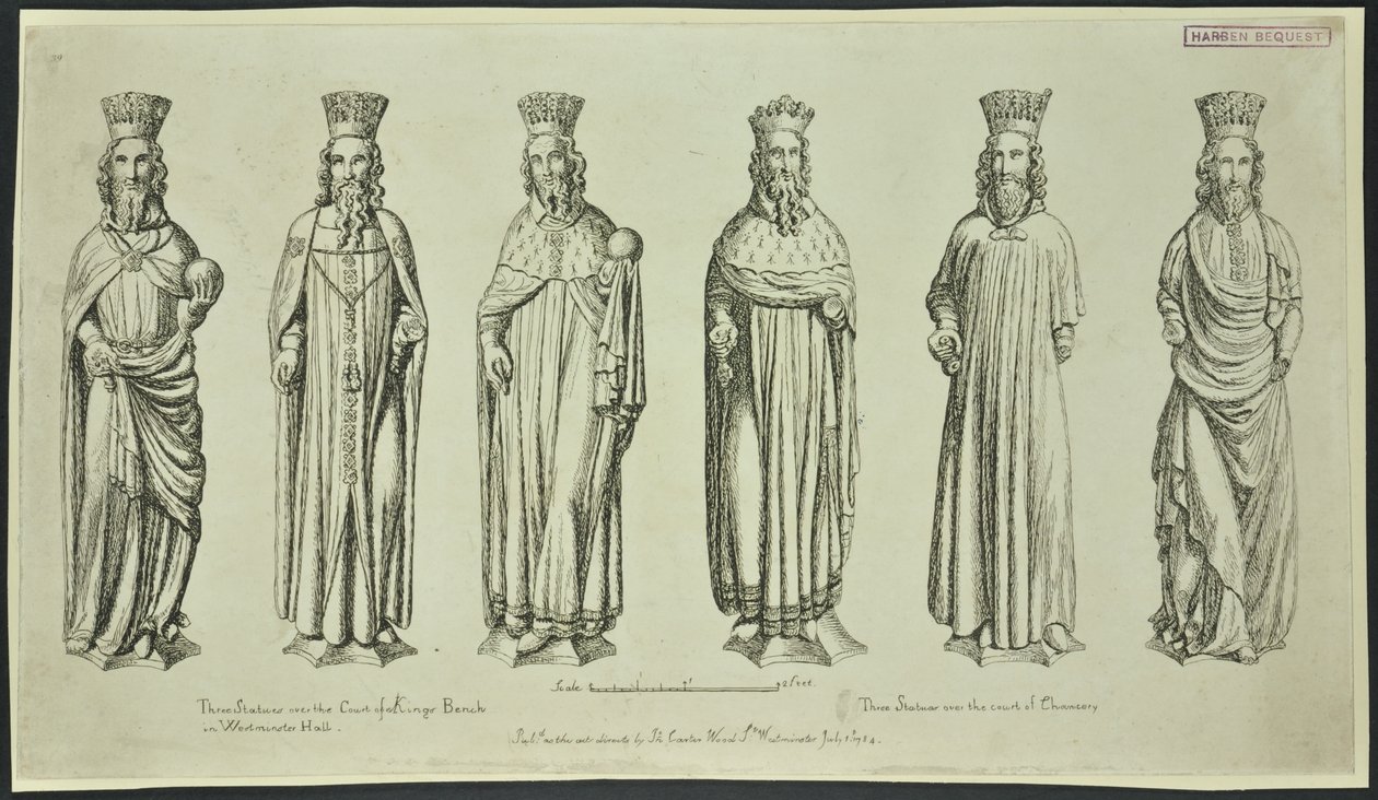 Trois statues sur la Cour du Banc du Roi à Westminster Hall et trois sur la Cour de la Chancellerie, 1784 - English School