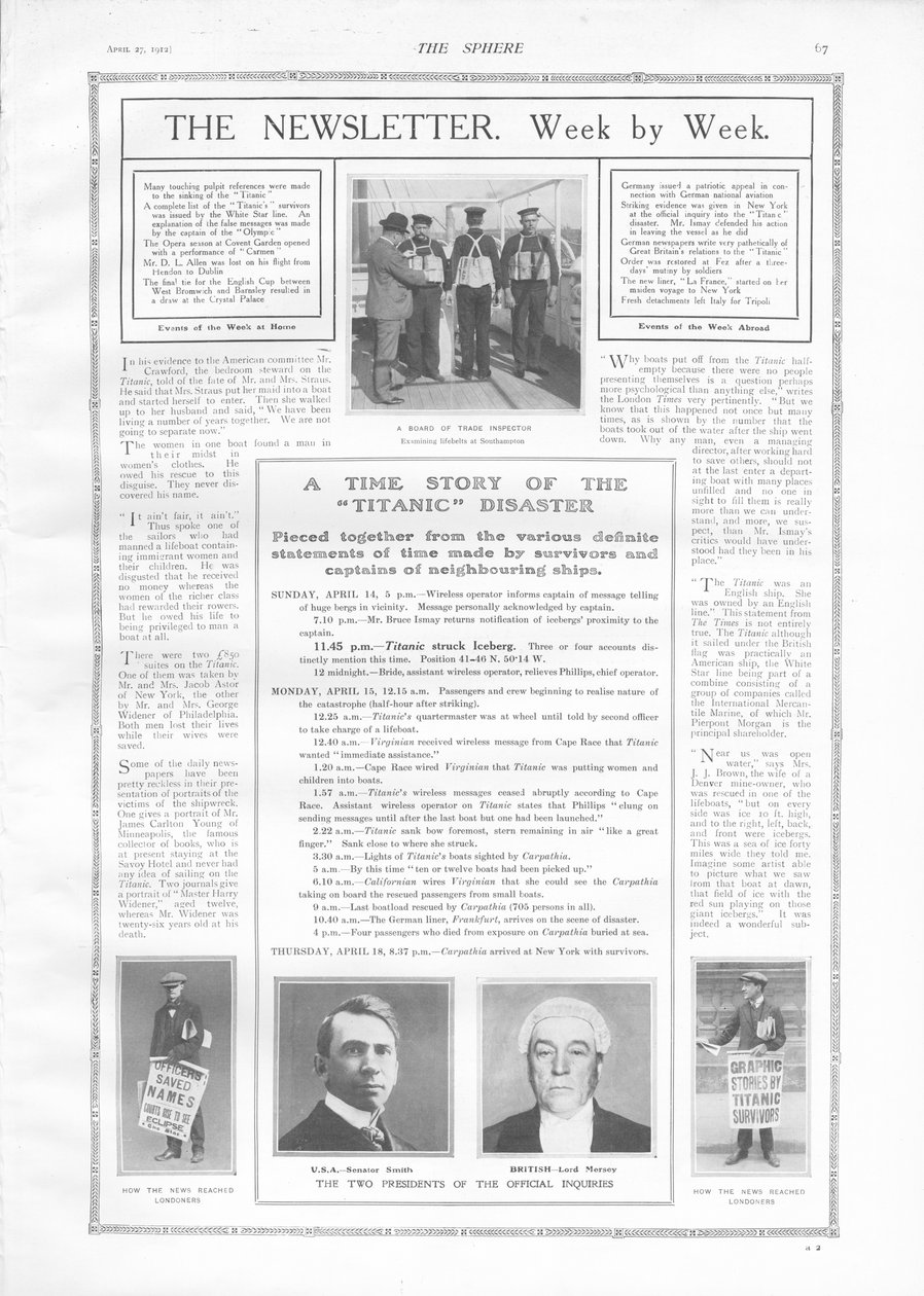 Chronologie des événements et articles sur le naufrage du Titanic, de The Sphere, 27 avril 1912 - English School