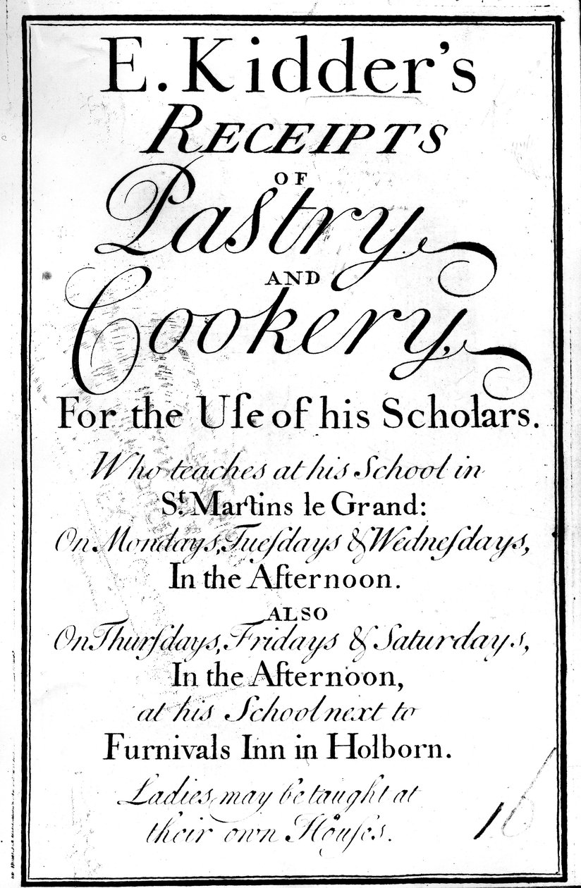 Page de titre de E. Kidders Receipts of Pastry and Cookery, par Edward Kidder, publié vers 1730 - English School