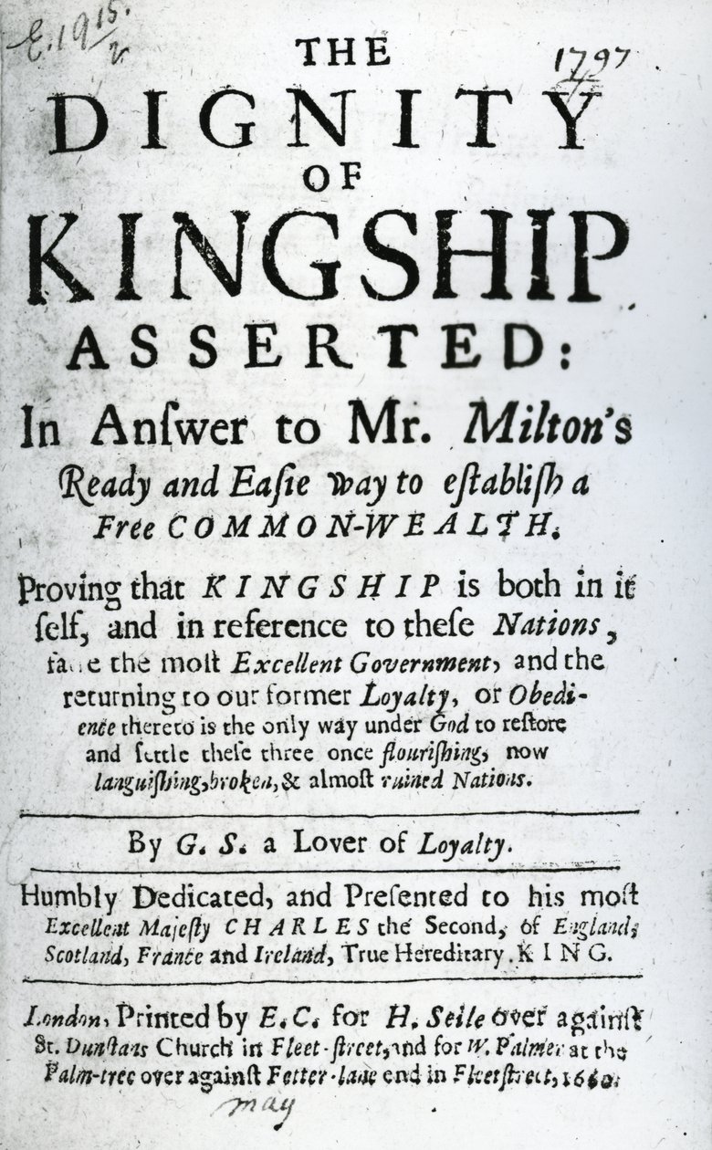 Page de titre pour La Dignité de la Royauté Affirmée par G.S. un Amoureux de la Loyauté, publié en 1660 - English School