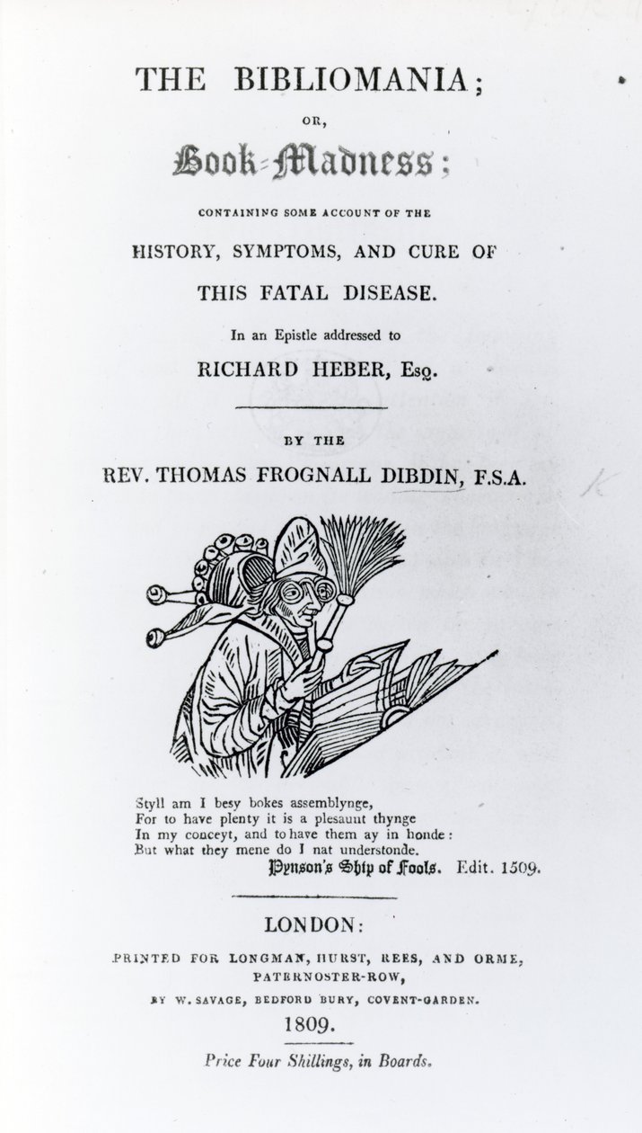 Page de titre de La Bibliomanie par le Révérend Thomas Frognall Dibdin, publié en 1809 - English School
